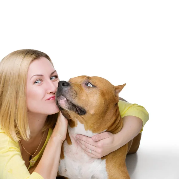 Beautiful Young Woman Kissing Stafforshire Terrier Isolated White Background Copy — Stok fotoğraf