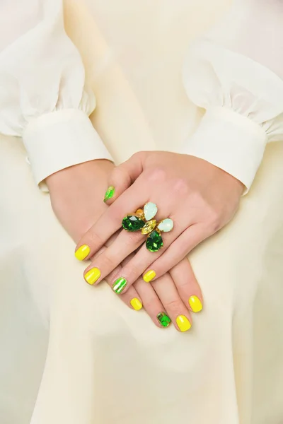 Closeup Woman Hands Yellow Green Nail Polish — Stock Photo, Image