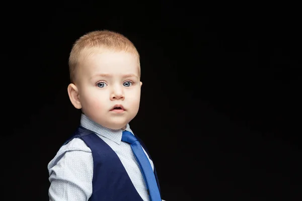 Little Boy Blue Business Suit Black Backgound Copy Space Horizontal — Stock Photo, Image