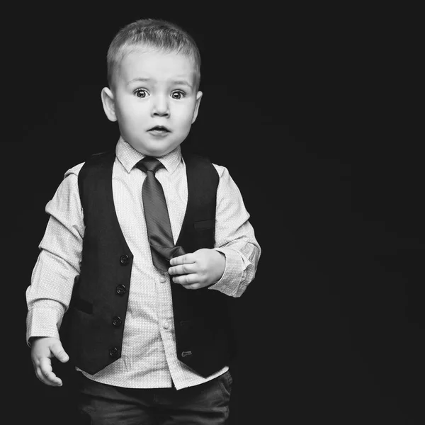 Cute Little Boy Business Suit Surprised Expression Face Touching His — Stock Photo, Image