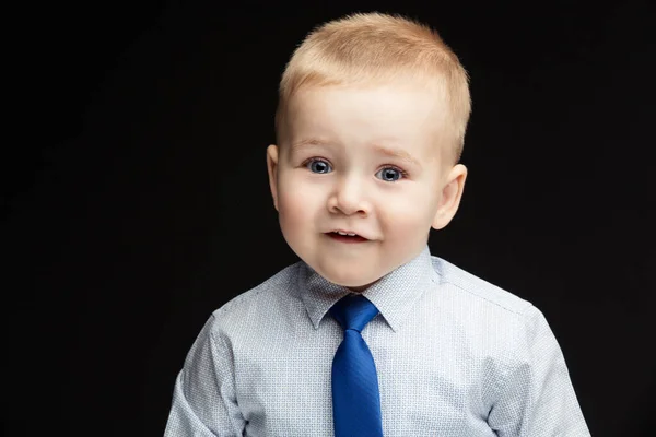 英俊的笑脸 滑稽的小男孩 穿着衬衫 打着蓝色领带 真正的感情工作室拍摄 横向的 复制空间 — 图库照片