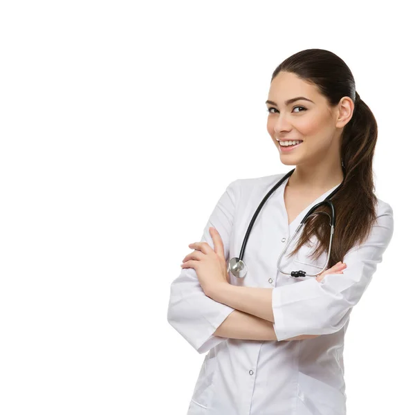 Portrait Beautiful Young Smiling Woman Dressed Doctor Stethoscope Isolated White — Stock Photo, Image