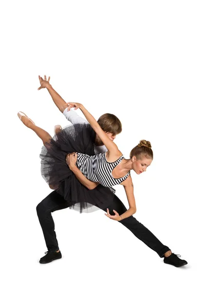 Beau Jeune Couple Dansant Ballet Sur Fond Blanc — Photo