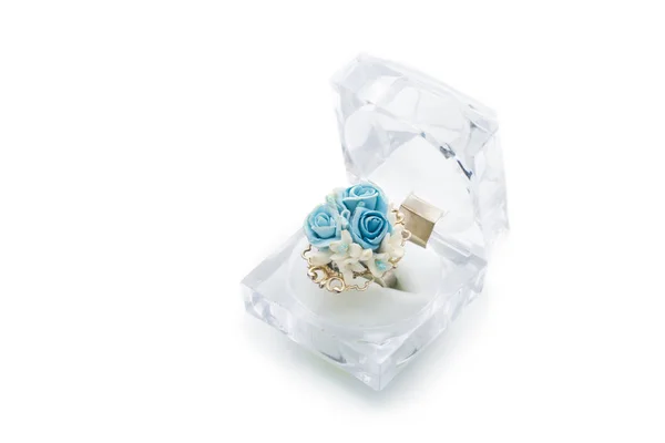 Close Shot Handmade Ring Flowers Crystal Box Isolated White Background — Stock Photo, Image
