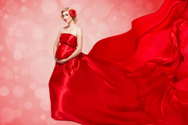 Beautiful Elegant Pregnant Young Woman Standing Wearing Flying Red Fabric — Stock Photo, Image