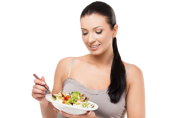 Hermosa Mujer Forma Plato Retención Joven Con Ensalada Fresca Aislado — Foto de Stock