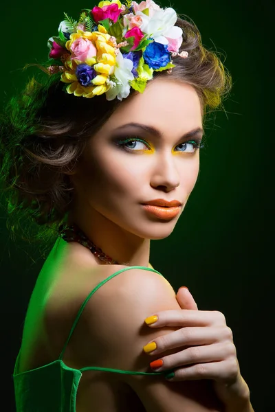 Beautiful Young Woman Bright Colorful Makeup Flowers Hair Dark Green Stock Photo