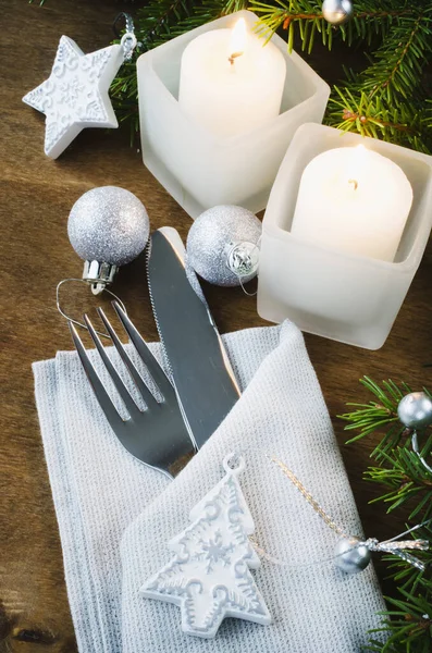 Table Place Setting Christmas Eve Winter Holydays Christmas Background Cutlery — Stock Photo, Image