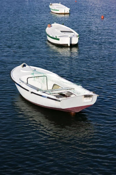 Tre Träfiskebåtar Förtöjda Vid Boj — Stockfoto