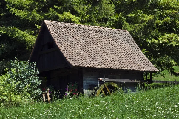 Casa Moinho Água Madeira Velha Com Grama Floresta Fundo — Fotografia de Stock