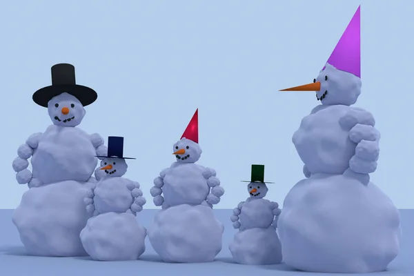 Een Gelukkig Sneeuwman Gezin Met Twee Zonen Een Dochter — Stockfoto