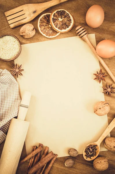 Papel Vacío Para Receta Cocción Navideña Ingredientes Para Hornear Navidad — Foto de Stock