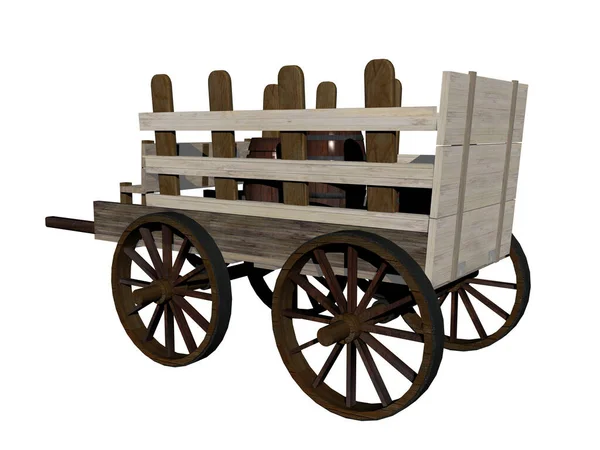 Houten Wagen Met Wielen Geïsoleerd Witte Achtergrond — Stockfoto