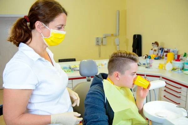 Teenager Treated Female Dentist Dental Surgery — Stock Photo, Image