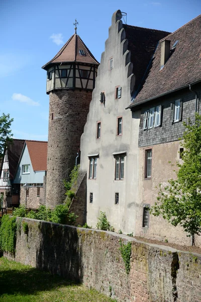 Wieża Wieża Wachturm Zamek Murowane Mury Miejskie Budynki Michelstadt Odenwald — Zdjęcie stockowe