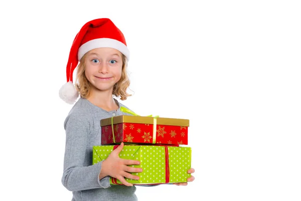 Nettes Mädchen Mit Santa Mütze Und Geschenk — Stockfoto
