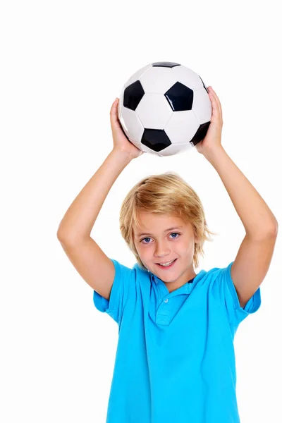 Blond Boy Soccer Ball Front White Background — kuvapankkivalokuva
