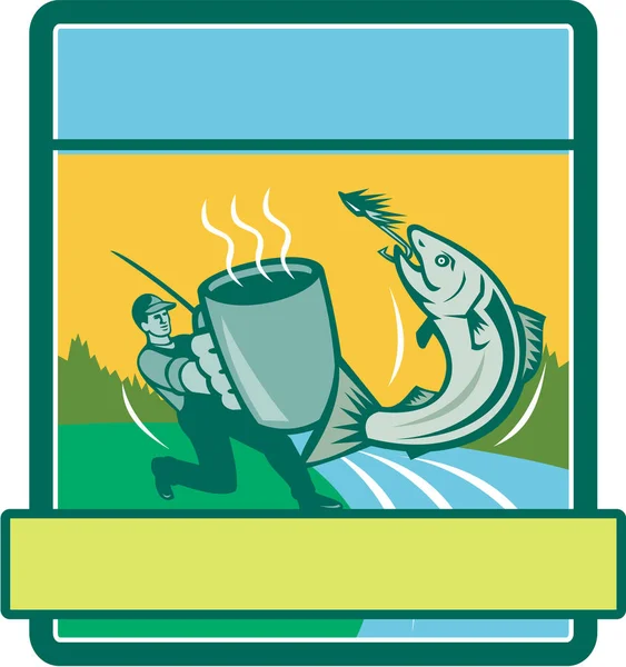 Ilustración Pescador Mosca Pescando Sosteniendo Taza Que Captura Salmón Visto — Foto de Stock