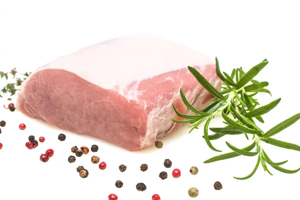 Iberico Fleisch Vom Schwein Roh Mit Rosmarin Auf Weißem Hintergrund — Stockfoto