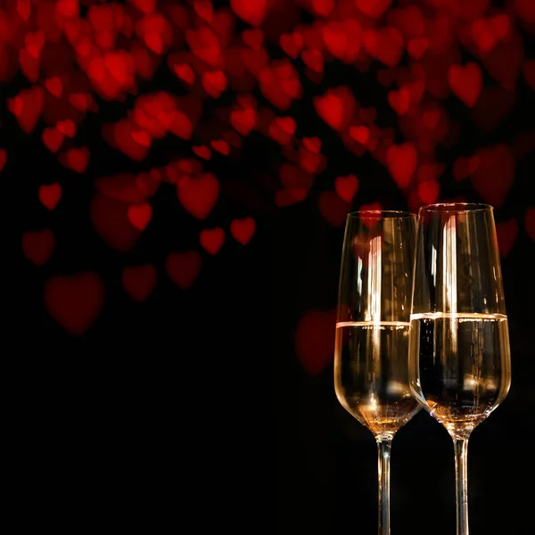 День Святого Валентина Фон Красным Сердцем Шампанским Поздравительной Открытки — стоковое фото