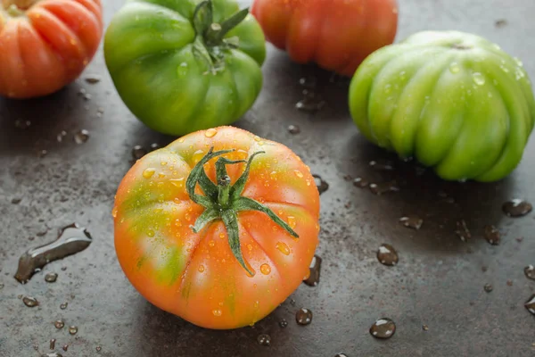 Tomates Marinda Laranja Vermelha Verde Com Gotas Água Luz Trás — Fotografia de Stock