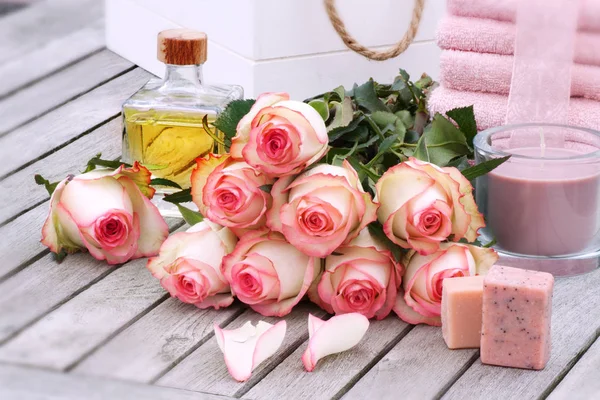 Still Life Rose Care Products Spa Treatment Wooden Table — Stock Photo, Image