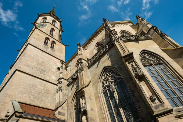 Protestantse Kerk Met Toren Schorndorf Vanuit Het Oog Van Worm — Stockfoto
