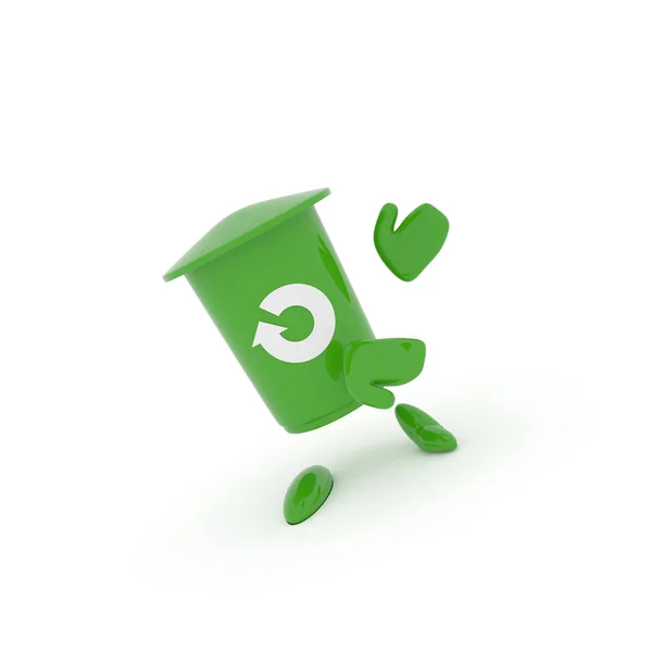 绿色垃圾桶 白色背景上有回收图标 3D循环利用图像 — 图库照片