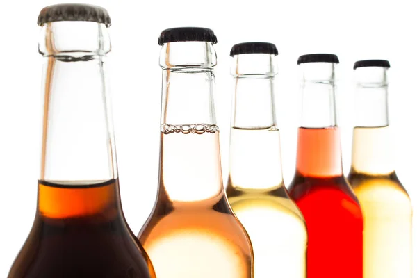 Orangenlimonade Und Andere Erfrischungsgetränke Glasflaschen Gegenlicht — Stockfoto