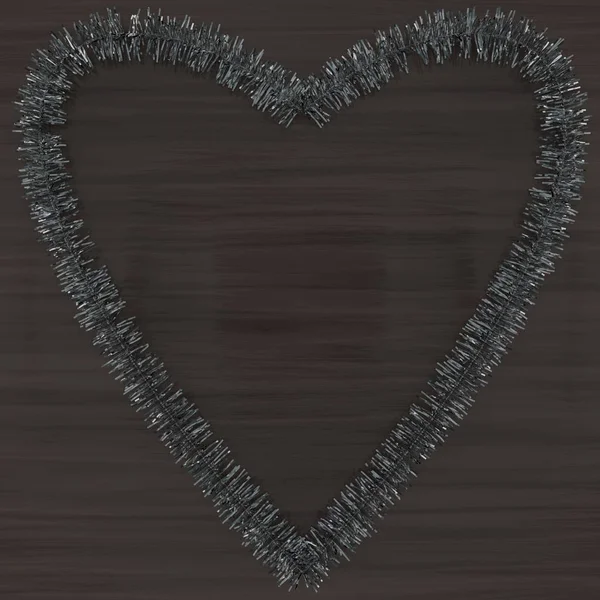 Render Silver Tinsel Heart Dark Wooden Floor — Stock Photo, Image