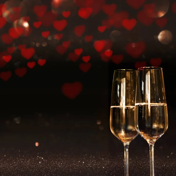 Valentines Day Background Red Heart Champagne Bokeh — Stock Photo, Image