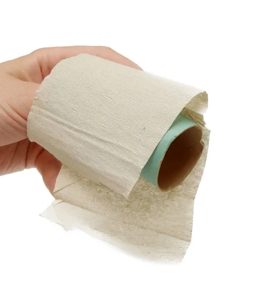 Hand Håller Kärnan Toalettpapper Vit Bakgrund — Stockfoto