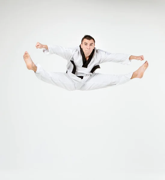 Karate Man White Kimono Black Belt Training Karate Gray Background — Stock Photo, Image