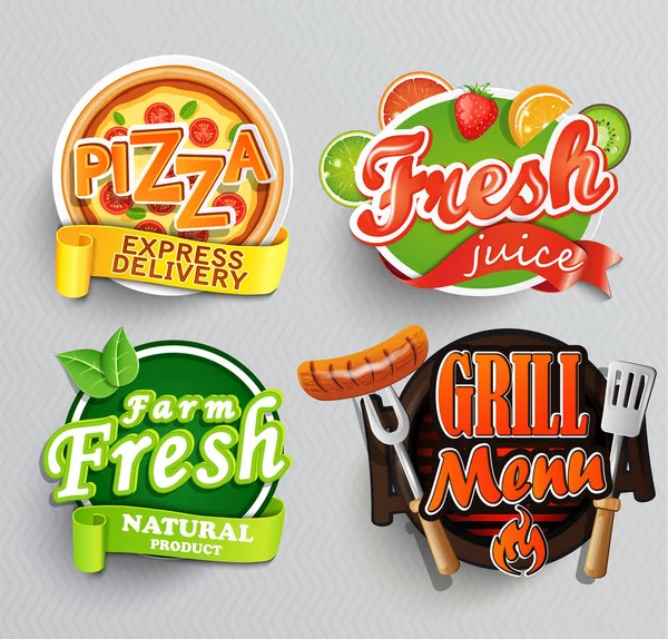 Set Adesivi Fattoria Alimentare Fresco Pizza Succo Frutta Fresco Grill — Foto Stock