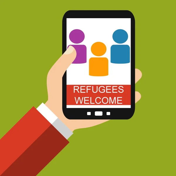 Hand Mit Smartphone Flüchtlinge Willkommen Flaches Design — Stockfoto