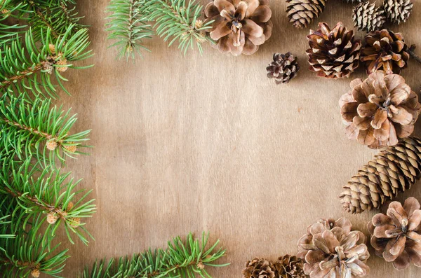 圣诞背景 在一个带有仿制空间的乡村木桌上的框架中的锥形和分枝冷杉树 顶部视图 复制空间 有选择的重点 — 图库照片