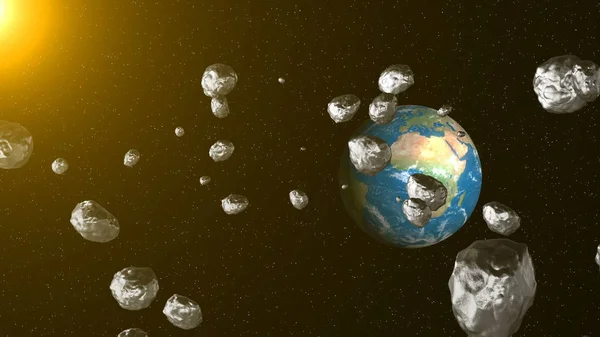 Asteroidy Kosmosie Lecą Ziemię Kosmiczne Tło Renderowanie — Zdjęcie stockowe