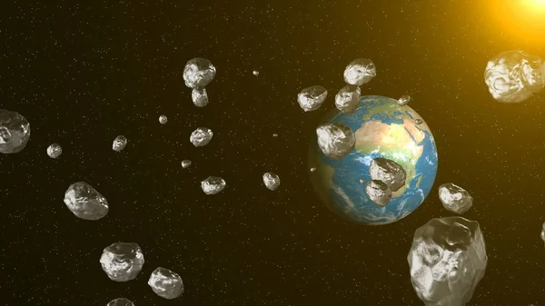Asteroidy Kosmosie Lecą Ziemię Kosmiczne Tło Renderowanie — Zdjęcie stockowe