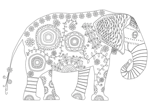 Elefante Decorativo Pagina Colorare Antistress Adulti Illustrazione Bianco Nero Libro — Foto Stock