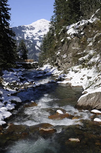 Krimmler Mal Hiver Krimml Ruisseau Rivière Neige Glace Pinzgau Austrie — Photo