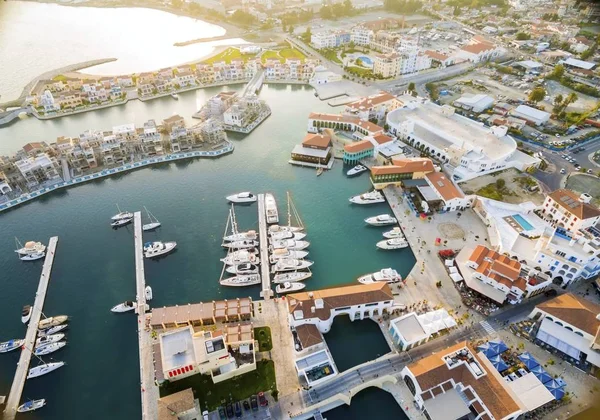 Aerial View Beautiful Marina Limassol City Cyprus Beach Boats Piers — Stock Photo, Image