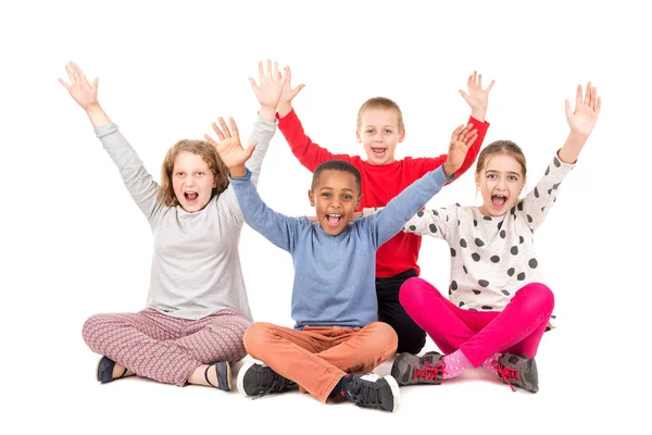 Grupo Niños Felices Posando Aislados Blanco — Foto de Stock