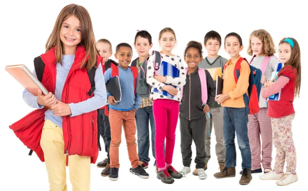 Grupa Dzieci Szkoły Pozowanie Izolowane Kolorze Białym — Zdjęcie stockowe