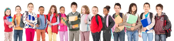 Grupo Crianças Escola Posando Isoladas Branco — Fotografia de Stock