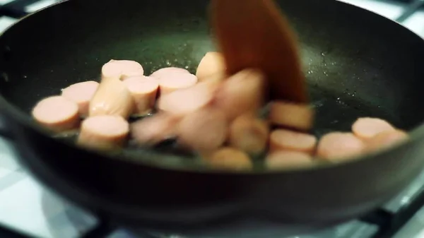 Sausages Cut Circles Fried Frying Pan Static Video — Stock Photo, Image