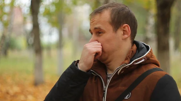 Young Man Nature Smells Something Bad Puts Clothespin Nose — Stock Photo, Image