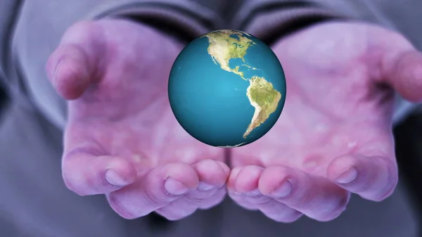 Парень Держит Руку Реалистичную Землю Руки Вращающейся Землей — стоковое фото