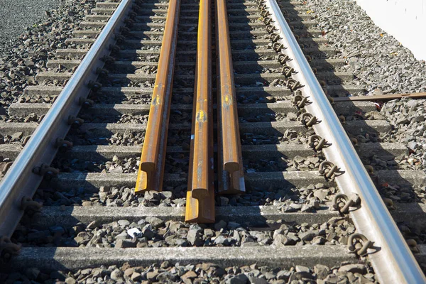 Três Trilhos Encontram Nas Pistas Uma Ferrovia Estiria — Fotografia de Stock