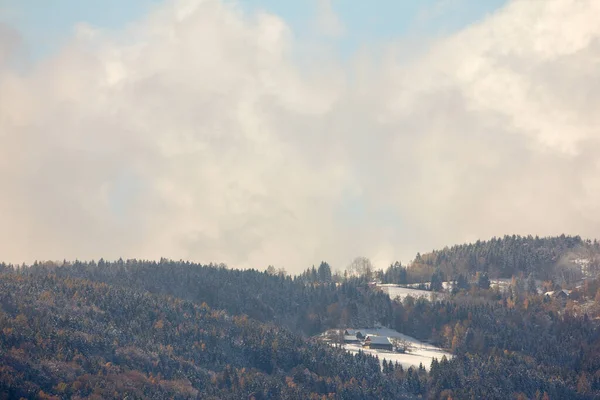 Paisagem Alpina Com Prados Árvores Campos Neve Styria — Fotografia de Stock