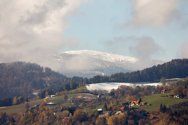 Çayırlarla Ağaçlarla Tarlalarla Karla Kaplı Alp Manzarası — Stok fotoğraf